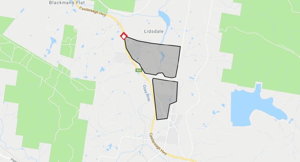 The location of the bushfire burning at Lidsdale. Image: NSW RFS