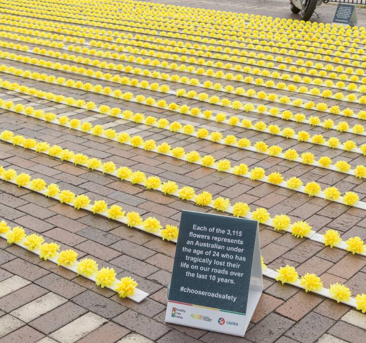 NOT FORGOTTEN: Each flower represents one of the 3115 under 24-year-olds who have lost their life in a car crash in the past 10 years.