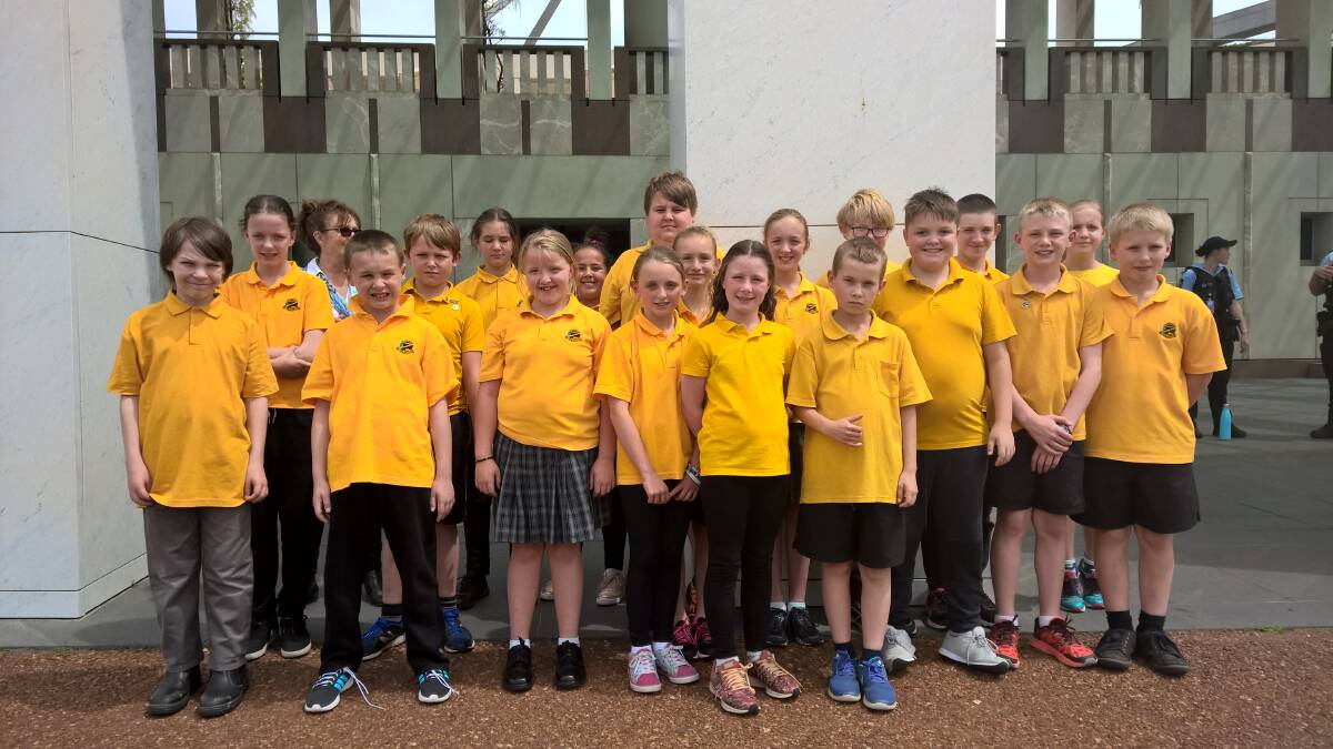 FUTURE POLITICIANS: Lithgow's Zig Zag Public school Year 5/6 students out the front of Parliament House in Canberra. Photo: SUPPLIED