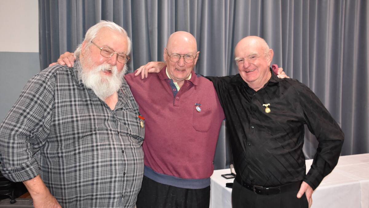 AWARD ACCEPTED: Association president Danny Whitty, new life member Sandy Davidson and Brian Slaven at the 2019 cricket presentation. Picture: ALANNA TOMAZIN.