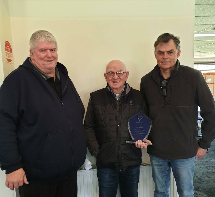 AGM: Lifers Max Nightingale and Gary Marshall and president Greg Guest. Photo: SUPPLIED.
