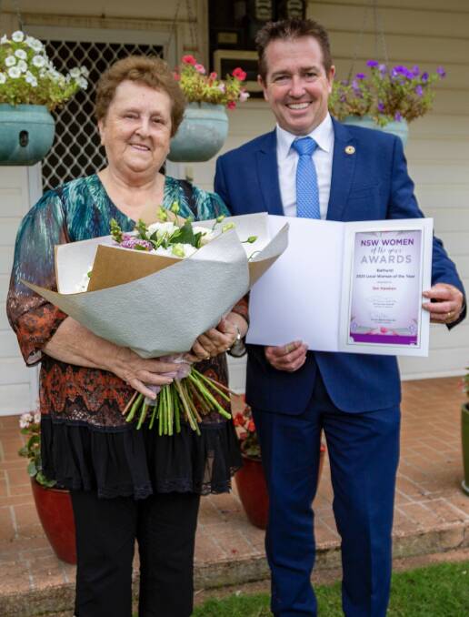 LOCAL WOMAN OF THE YEAR: Jan Hawkens and Bathurst MP Paul Toole. Picture: SUPPLIED.