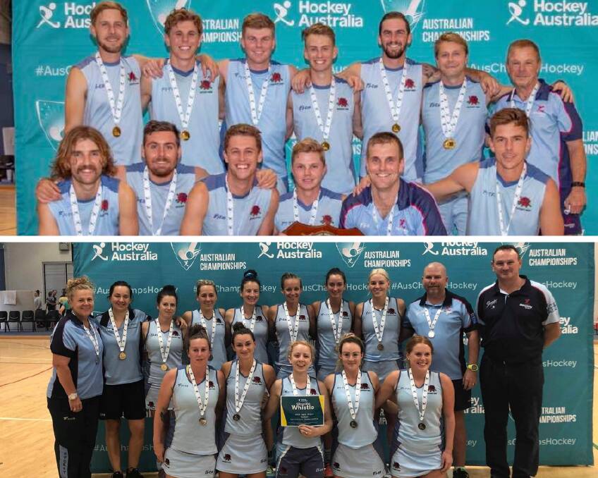 GOLD AND SILVER: The NSW Open Men's indoor hockey side (top) and NSW Open Women's (bottom) with their gold and silver medals. Pictures: SUPPLIED.