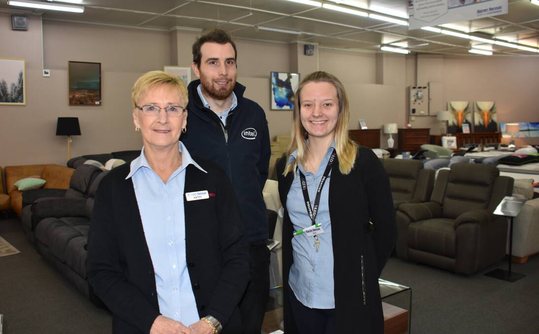 GOOD FRIENDS: Kathy Haley with Harvey Norman proprietor Tristan Rogers and salesperson Bree Sheehan in the Lithgow Harvey Norman store. Picture: ALANNA TOMAZIN.