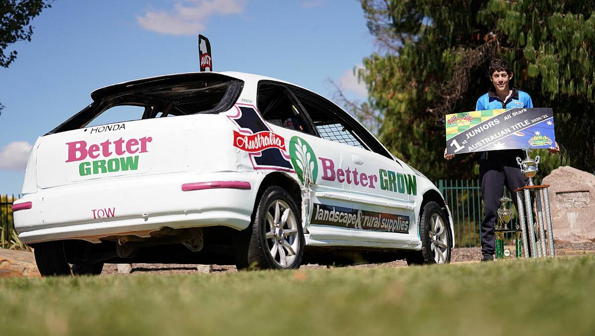 TITLE CLAIM: Jaiden Healey with his number nine Honda Civic sponsored by Bettergrow Landscape and Rural Supplies and Portland Automotive. Photo: SUPPLIED.