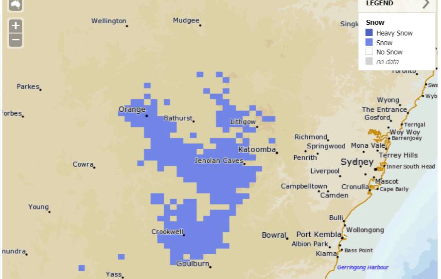SATURDAY MORNING: Snow is expected to fall in the Lithgow region on Saturday. Picture: Bureau of Meteorology, MetEye. 