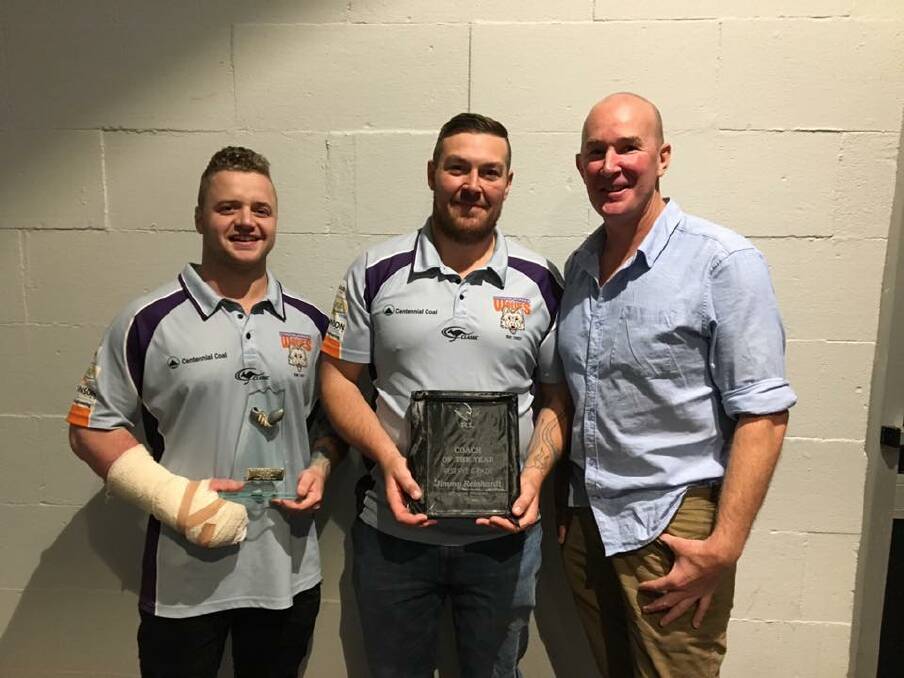 GROUP 10 PRESENTATION: Reserve grade player of the year Jake Gale, reserve grade coach of the year Jimmy Reinhardt and Workies Wolves president Anthony Brown. Picture: SUPPLIED.