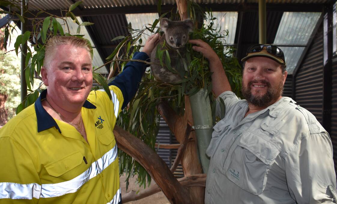 SUPPORTING OUR OWN: Bathurst ARC Fencing branch manager Rob Lowe and Secret Creek owner manager Trevor Evans with Euccy the koala. Picture: ALANNA TOMAZIN.