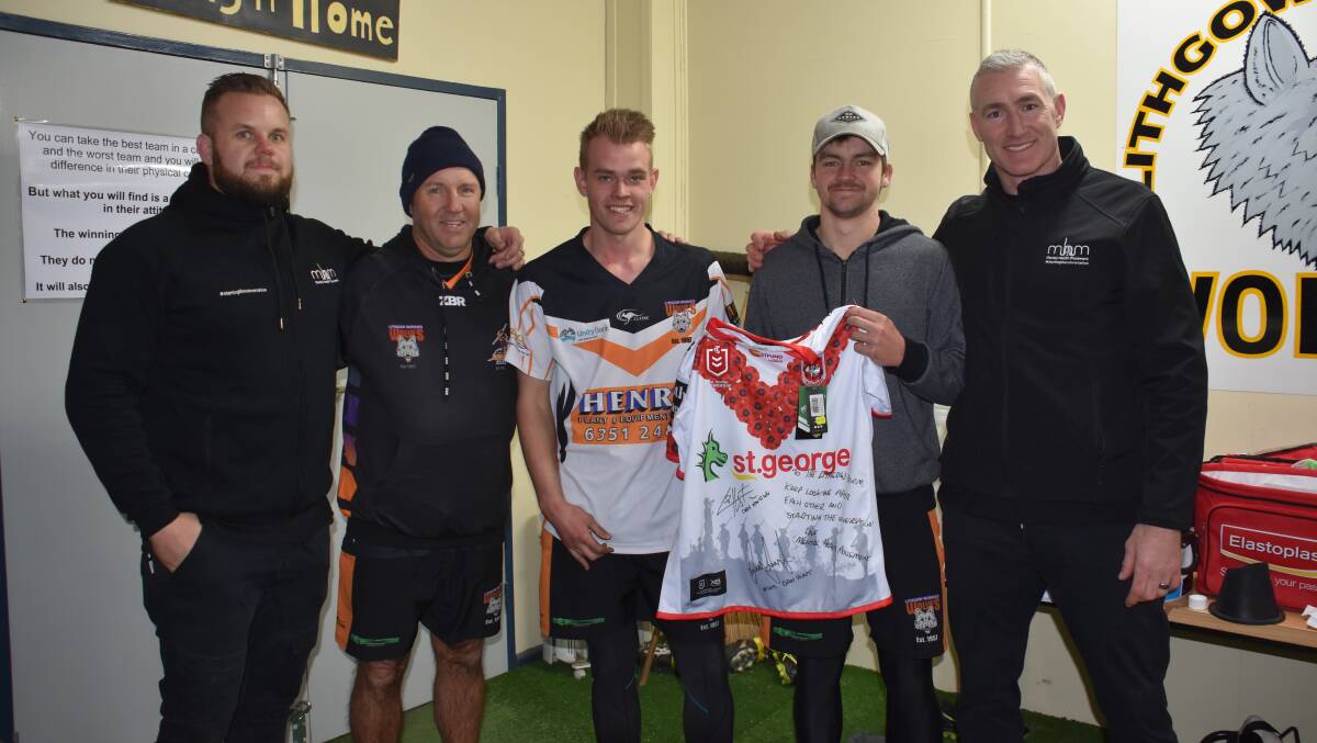 Former NRL player and MHM founder Dan Hunt, Clarence Colliery's Kyle Egan, Logan Roy, Kobe Egan and former Newcastle Knights player and MHM facilitator Chris Houston. Picture: ALANNA TOMAZIN. 