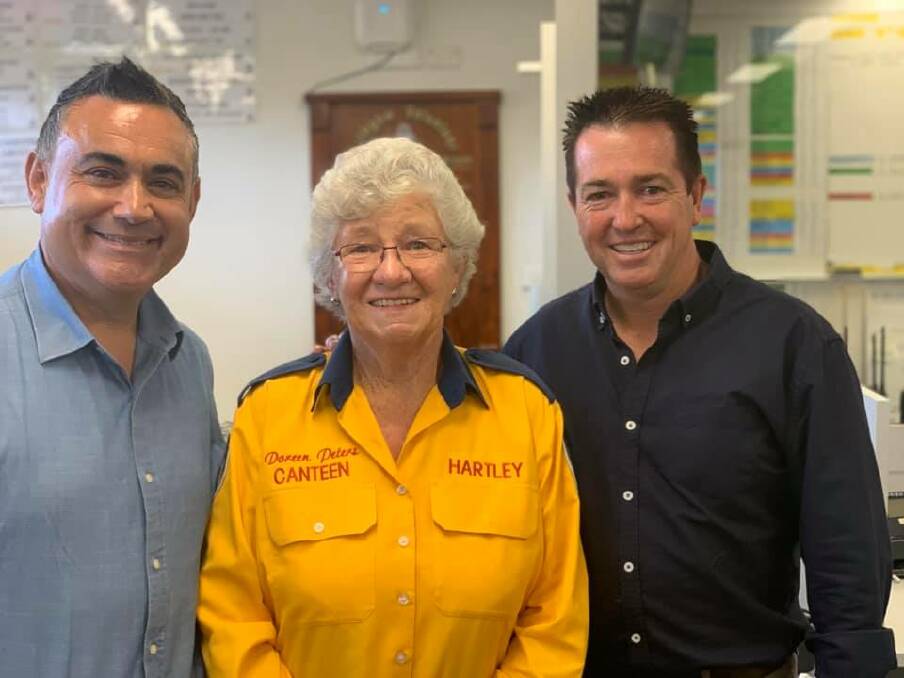SPECIAL THANKS: NSW Deputy Premier John Barilaro, Hartley Bushfire Brigade's mobile canteen manager Doreen Peters and Bathurst MP Paul Toole. Picture: SUPPLIED.