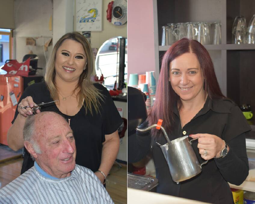 APRIL FOOL'S: Onelia's Place owner Tanya Merrick tries to relax uncertain customer Bob with her hair dressing skills, and Clever Clippers owner Sally Collins whips up some hot milk for a coffee. Picture: ALANNA TOMAZIN.