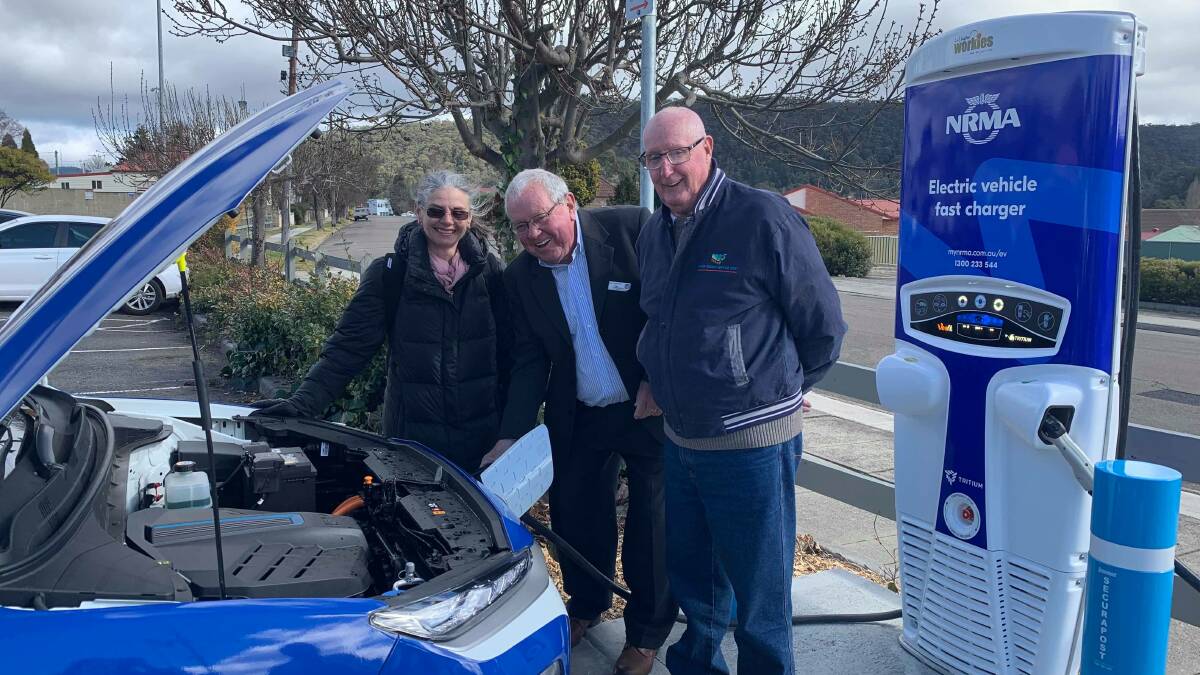 LITHGOW'S FUTURE: NRMA executive general manager for motoring Nell Payne, Lithgow mayor Cr Ray Thompson and Lithgow Workies president Howard Fisher open the NRMA EV fast chargers. Picture: ALANNA TOMAZIN.