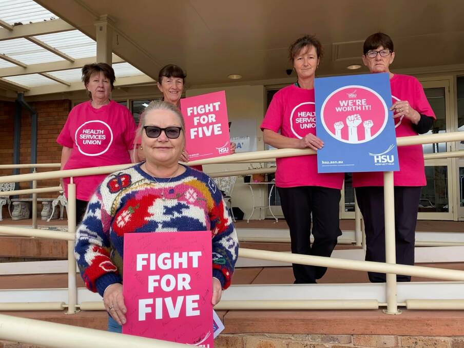 FRONTLINE WORKERS: Lithgow Aged Care's Paulin Griffiths, Lee O'Keeffe, Celia Rich, Kathy York and HSU Delegate Jani McGovern. Photo: ALANNA TOMAZIN.