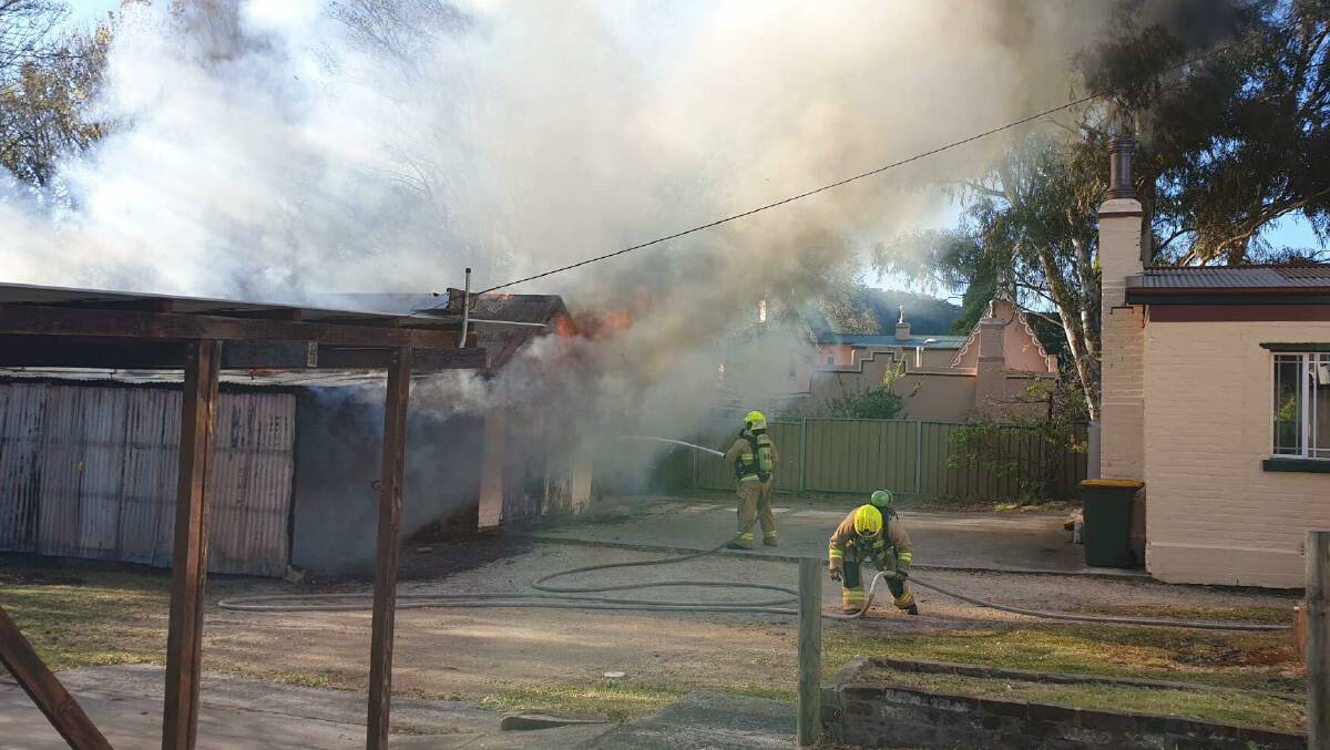 SHED FIRE: The blaze on Lithgow Street. Picture: SUPPLIED.