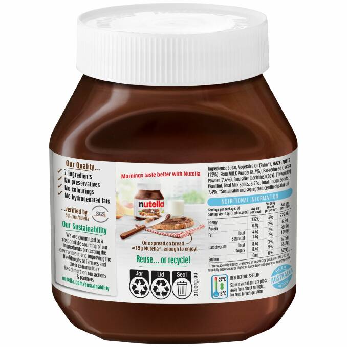 ECO-FRIENDLY: A Nutella jar with the Australian Recycling Logo. Photo: SUPPLIED