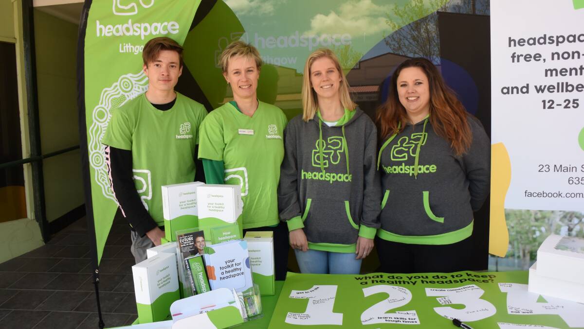 HEALTHY HEADSPACE: Millen Keeley, Clare Knight, Jessica Gostelow and Bonnie Bassett celebrate headspace Day on Main Street. Picture: ALANNA TOMAZIN.