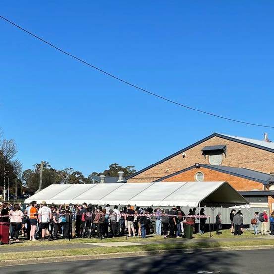 VAX HUB: Residents line up for their first COVID vaccine at the Civic Ballroom, Lithgow Showground. Photo: SUPPLIED