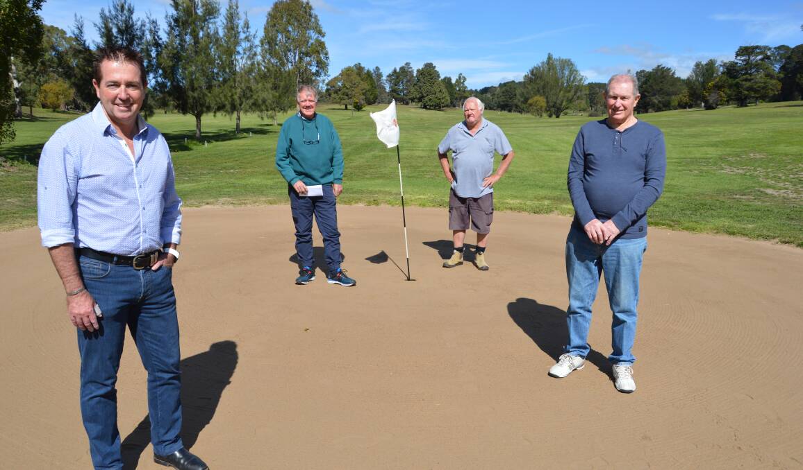 GREAT NEWS: Bathurst MP Paul Toole with Portland Golf Club volunteers Peter Griffiths, John Miles and Garry McDiarmid. Photo: SUPPLIED.
