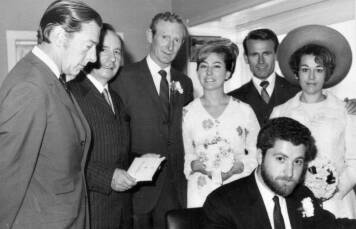DOUBLE MARRIAGE: Joanna Revell's sister Jill on right and Rev Ted Noffs (second from left) at Wayside Chapel Sydney in 1970.