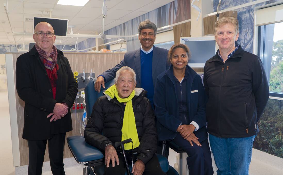 DOORS OPEN: Nurse Chris, Wentworth Falls resident and patient Mr Ng, Professor Kamal Sud and nurses Sunila and Craig check out the new unit. Picture: SUPPLIED.