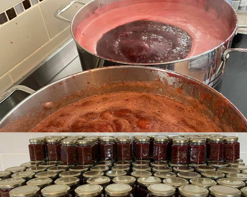 The fruit and sugar is heated up in pots then poured into hot jars.