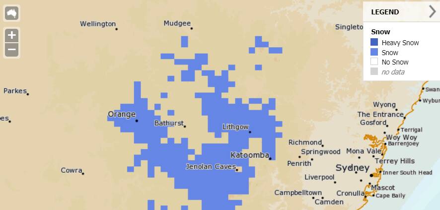 SNOW WATCH: The Bom MetEye displaying heavy snow falls for Thursday morning at 4am. 