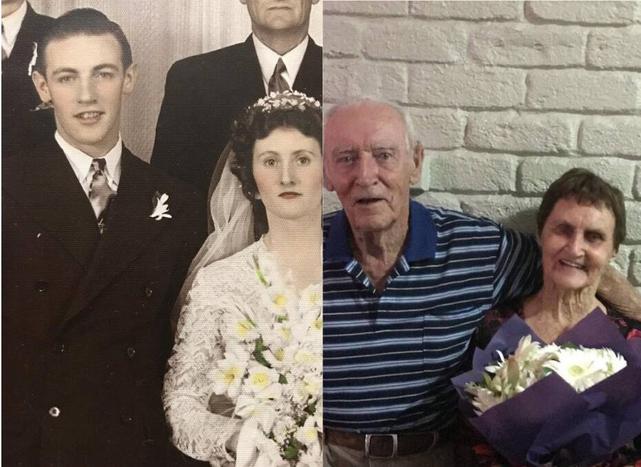 THEN AND NOW: Dave and Hazel Stait on their wedding day (left) and now 70 years later, still in love (right). Pictures: SUPPLIED.