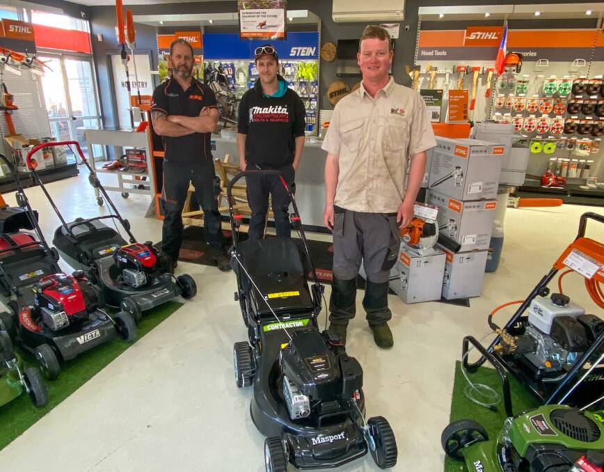 HELPING HAND: Lithgow Valley Outdoor Specialists owner Mick Wagner and donor Daniel Thompson from Thompson's Bolts and Bearings with Della's Gardening Services owner Joel Dellabosca. Photo: ALANNA TOMAZIN.