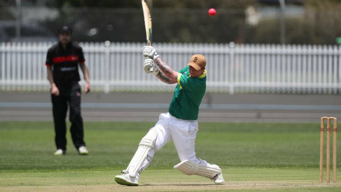 AWAY IT GOES: Joel Gurney slashes a shot towards the covers during his innings against Bathurst City. Photo: PHIL BLATCH.