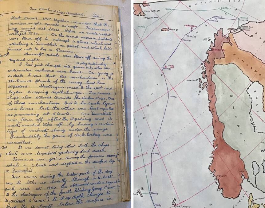 Alec's journal page recount and hand drawn map of a torpedo attack during return from Arctic Circle Convoy.