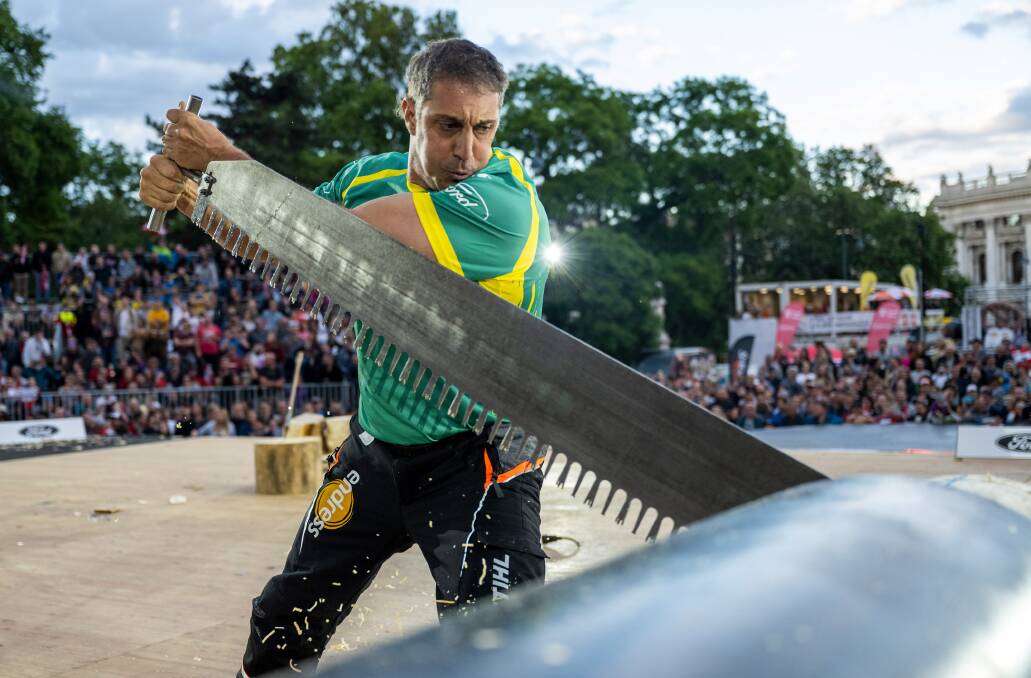 Lithgow's Brad De Losa gave it his all the 2022 Stihl Timbersports World Trophy Championships. Photo: Supplied