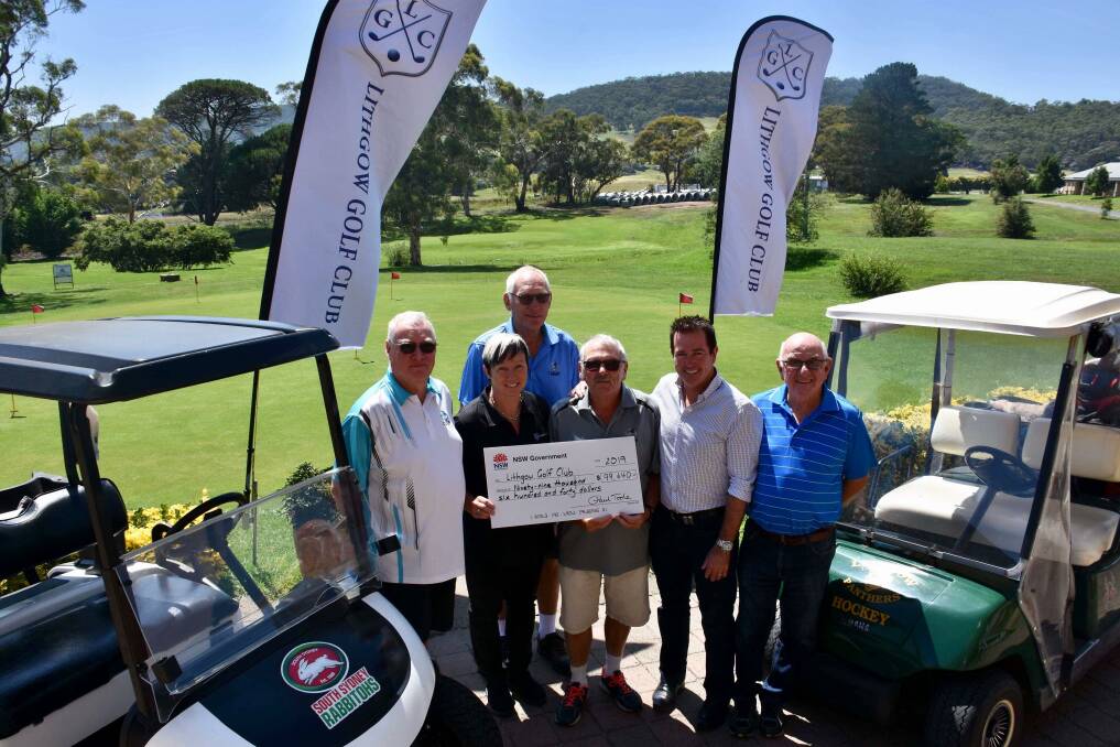 GOLF CLUB BOOST: Robert George, Henriette Evans, Lithgow Golf Club President Geoff Brooks, Brian Quick, Bathurst MP Paul Toole and Gary Marshall at the Lithgow golf course. Picture: ALANNA TOMAZIN.