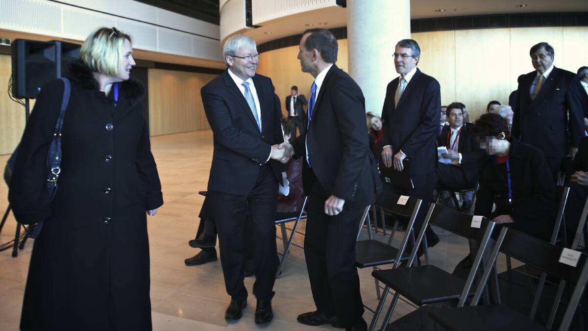 Prime Minister Kevin Rudd and Opposition Leader Tony Abbott attended the opening of the Ben Chifley Building as the new ASIO headquaters in Canberra on Tuesday July 23. Photo: Andrew Meares