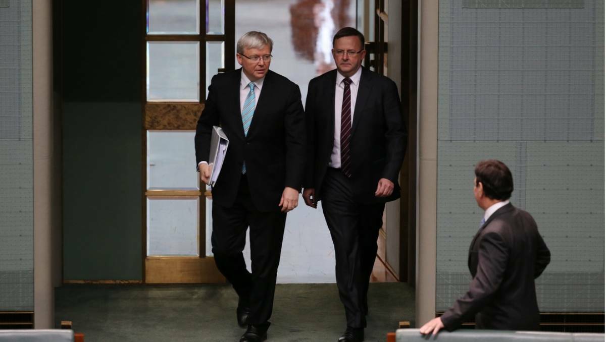 Prime Minister Kevin Rudd returns the House of Representatives with Deputy Prime Minister Anthony Albanese. Photo: Andrew Meares.